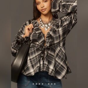 Anthropologie Monochrome Plaid Ruffle Blouse